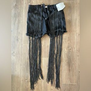 black denim fringe shorts